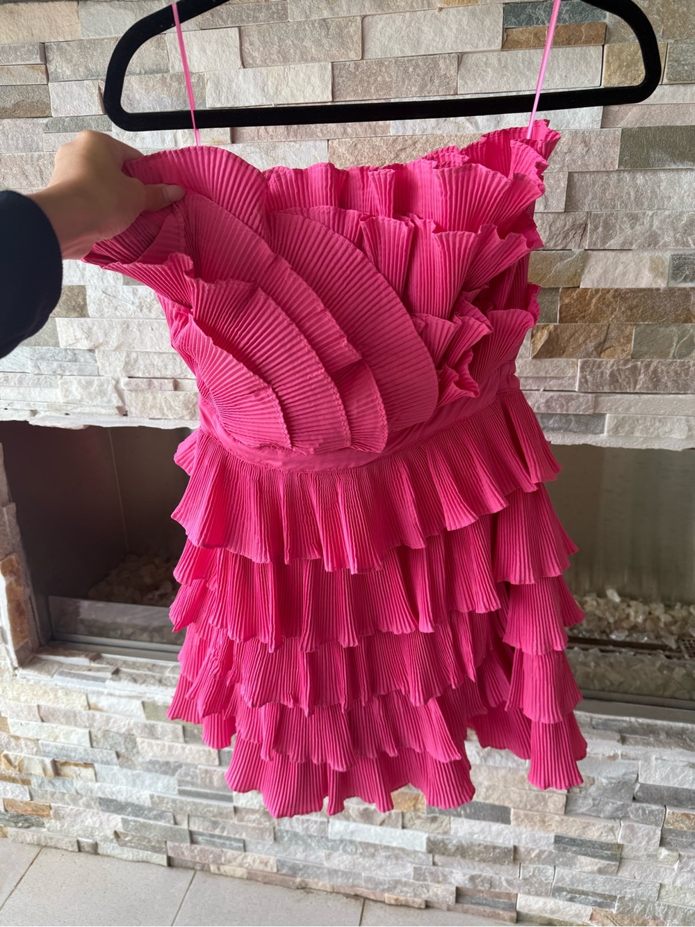 Mable Strapless Ruffled Tiered Party Dress in Bright Pink